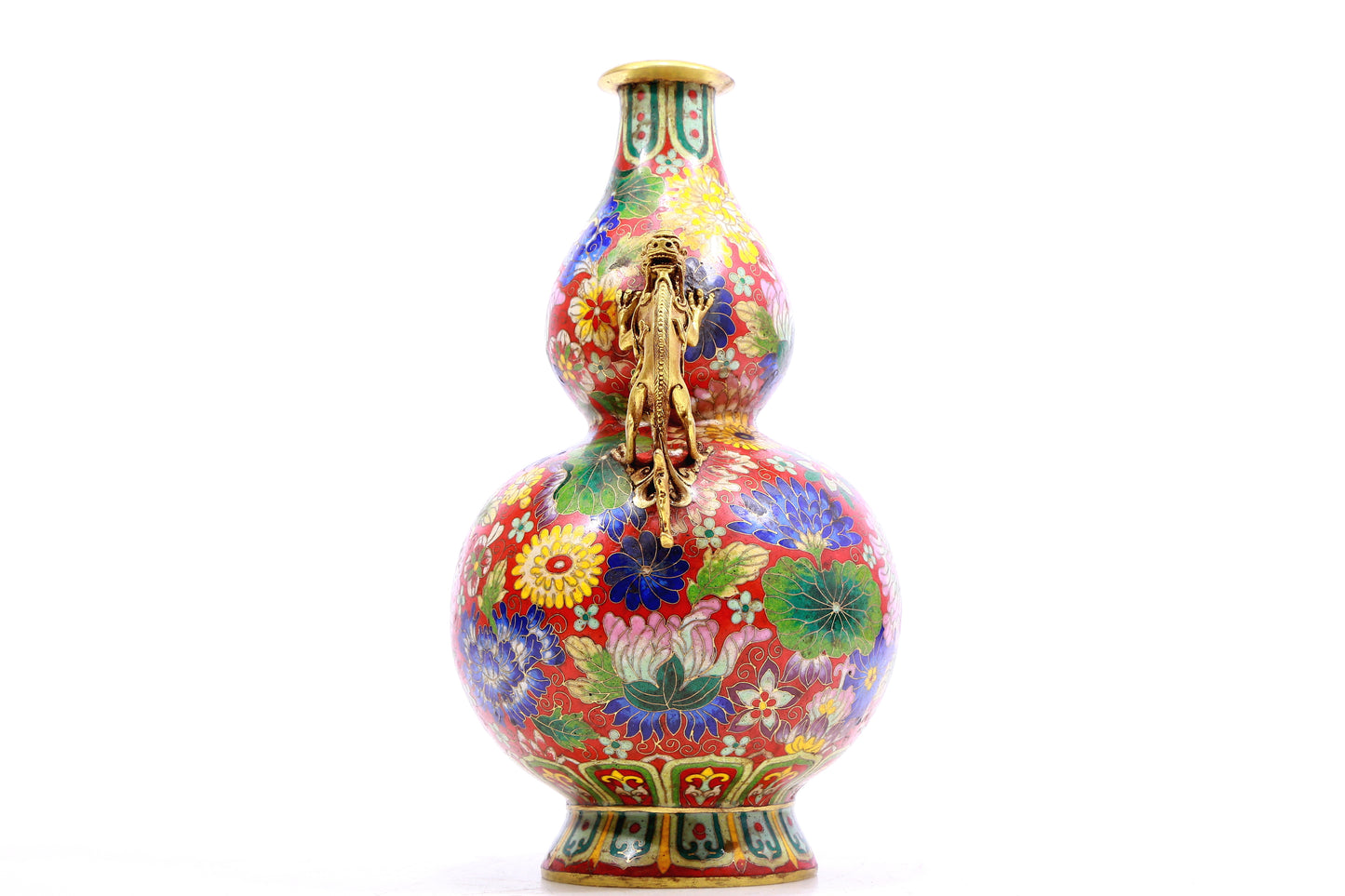 A Gorgeous Cloisonne 'Flower' Dragon-Handled Gourd-Form Vase