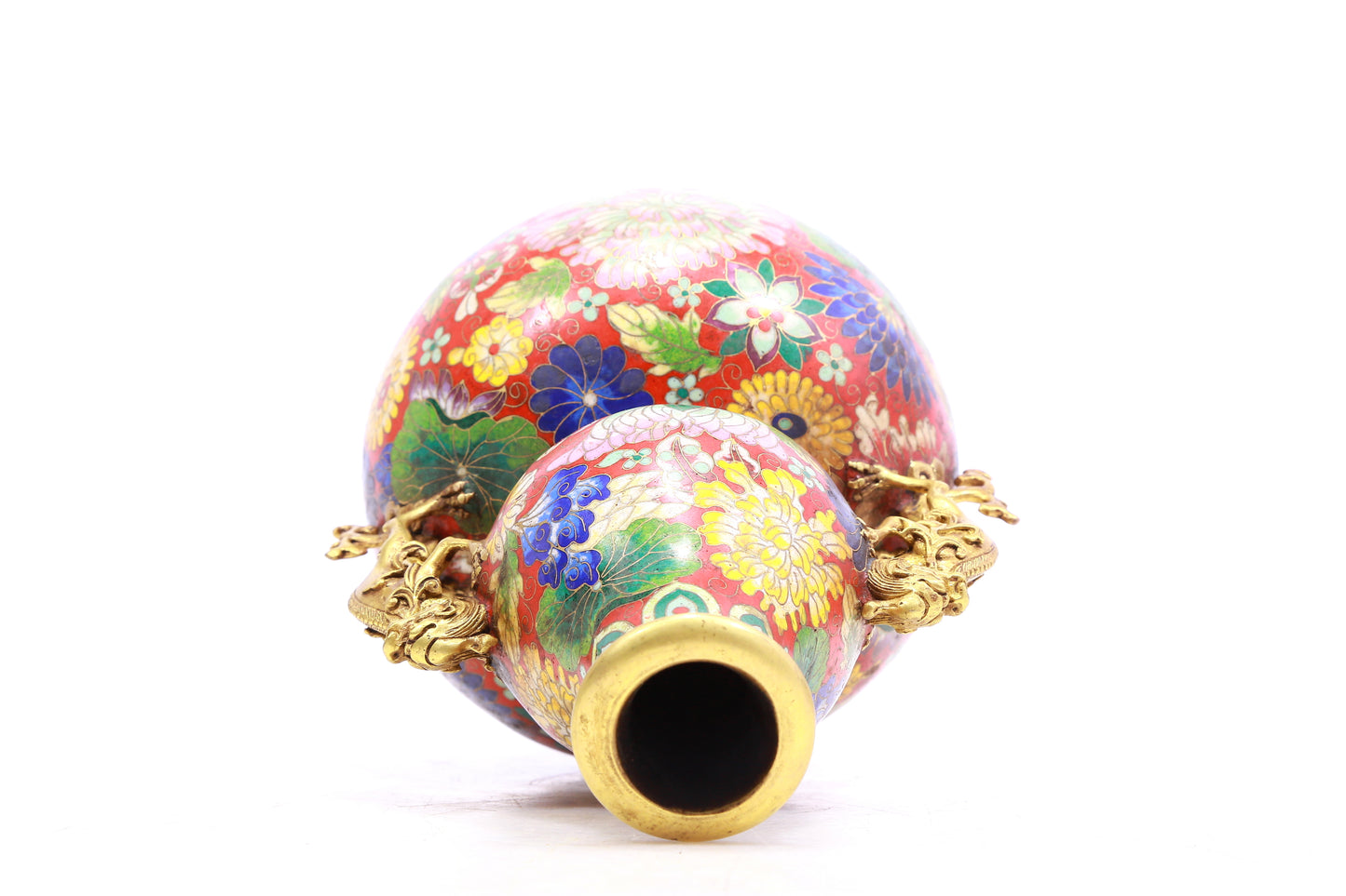 A Gorgeous Cloisonne 'Flower' Dragon-Handled Gourd-Form Vase