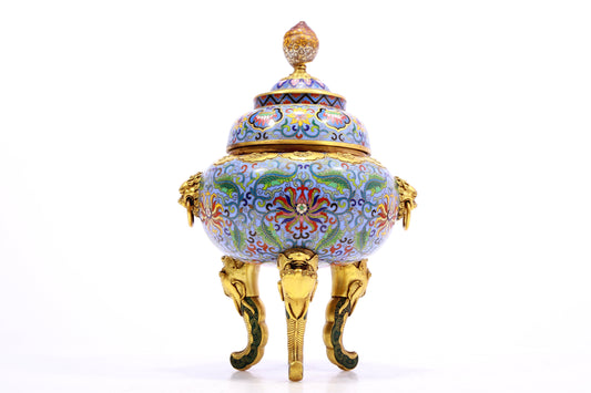 A Precious Cloisonne 'Scrolling Lotus' Lion-Handled Tripod Censer And Cover