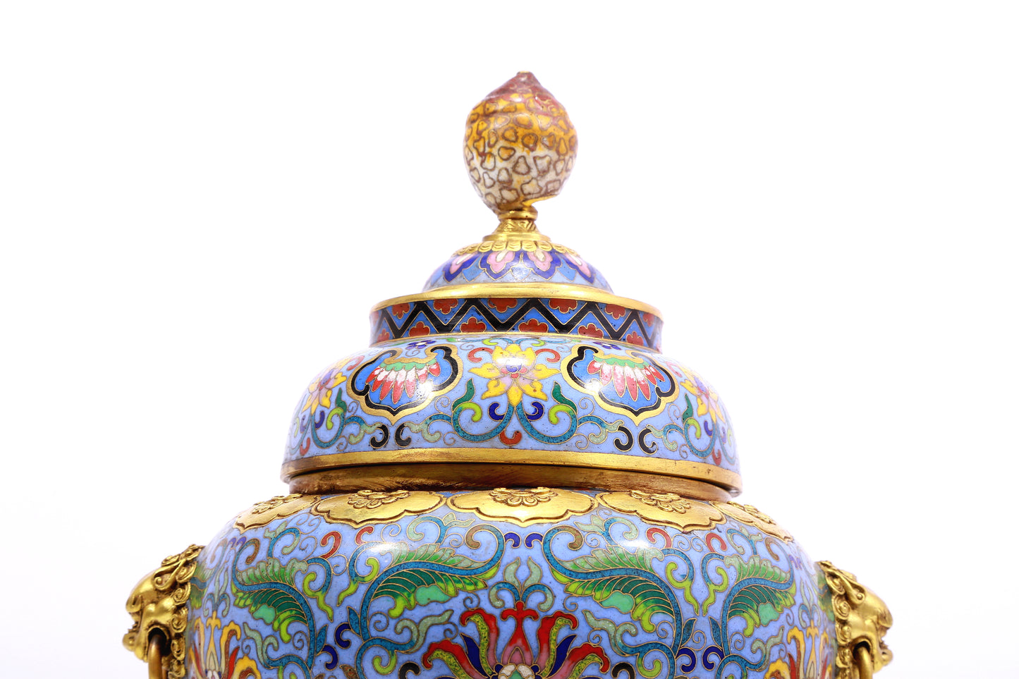 A Precious Cloisonne 'Scrolling Lotus' Lion-Handled Tripod Censer And Cover