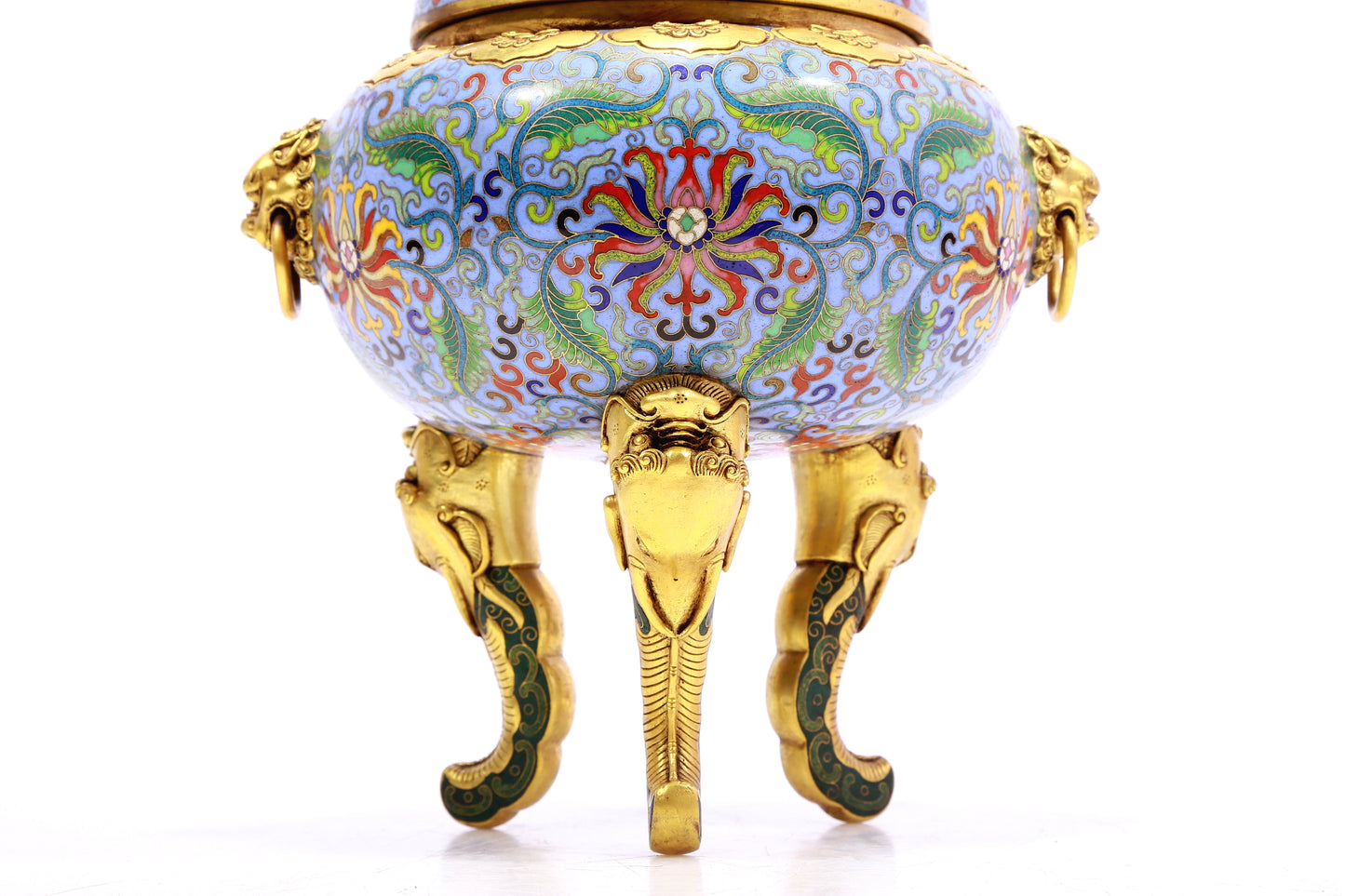 A Precious Cloisonne 'Scrolling Lotus' Lion-Handled Tripod Censer And Cover