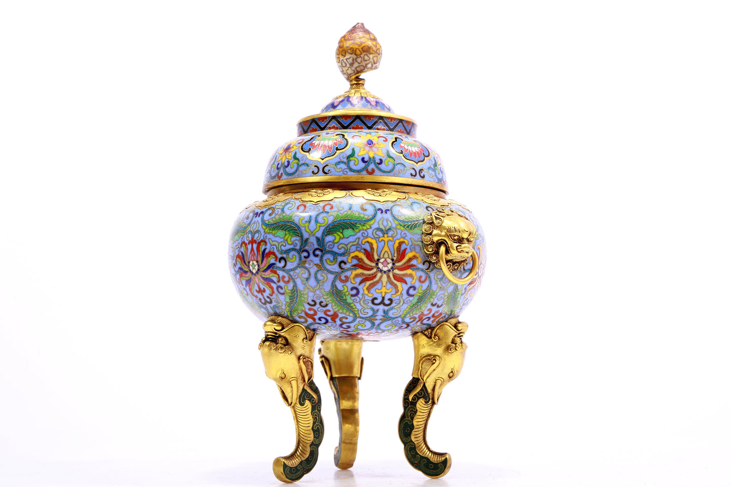 A Precious Cloisonne 'Scrolling Lotus' Lion-Handled Tripod Censer And Cover