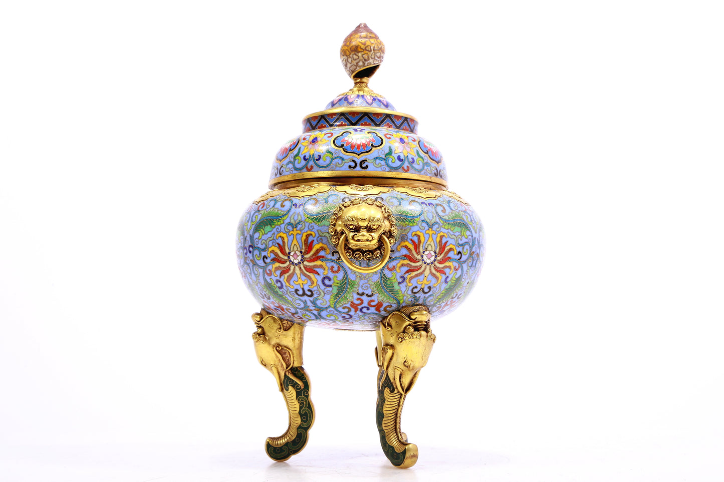 A Precious Cloisonne 'Scrolling Lotus' Lion-Handled Tripod Censer And Cover