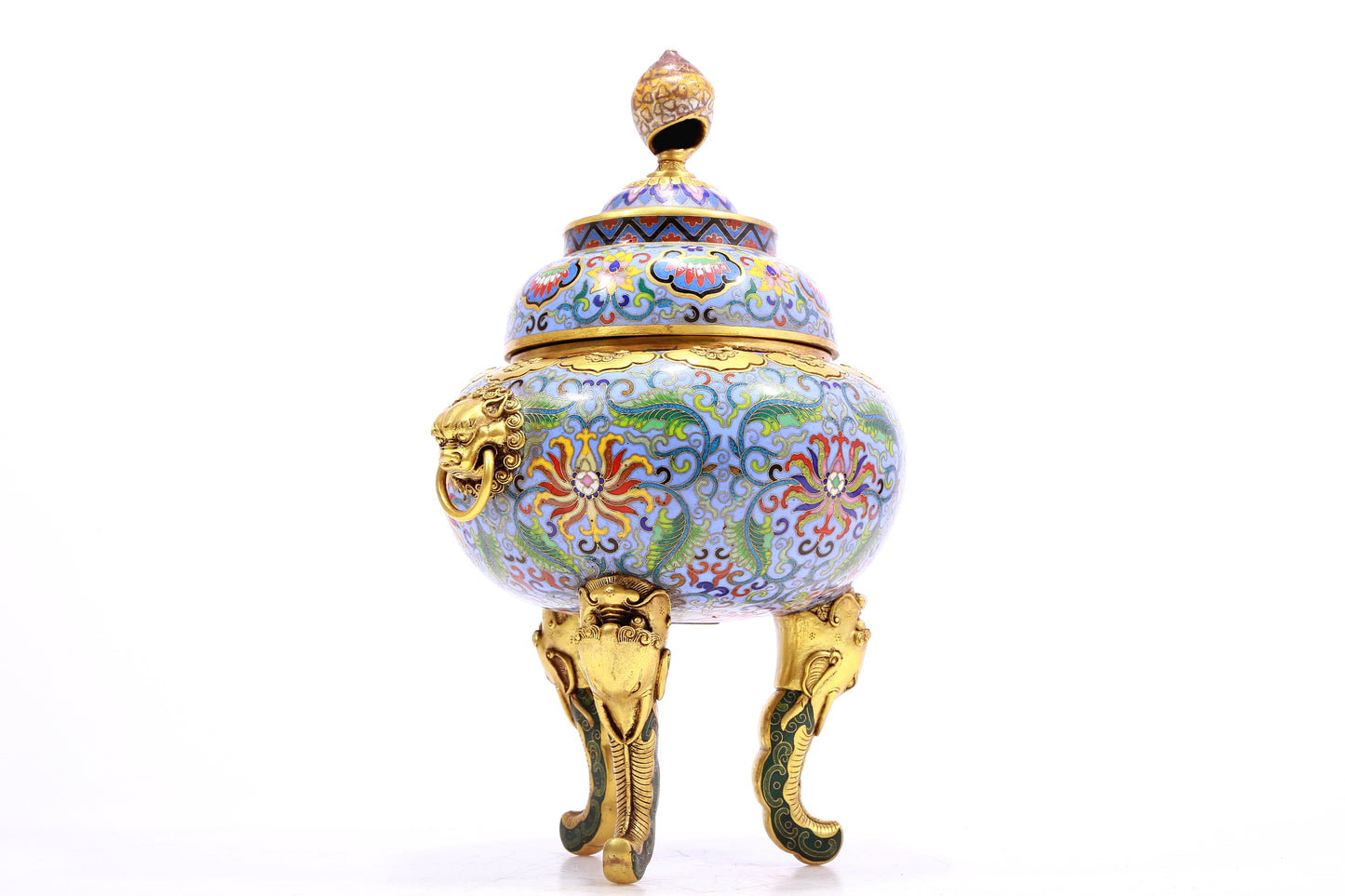 A Precious Cloisonne 'Scrolling Lotus' Lion-Handled Tripod Censer And Cover