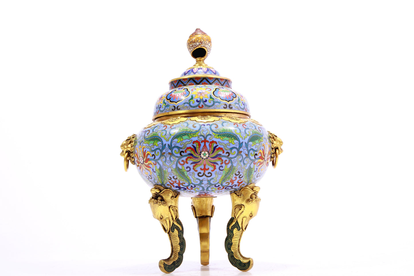 A Precious Cloisonne 'Scrolling Lotus' Lion-Handled Tripod Censer And Cover