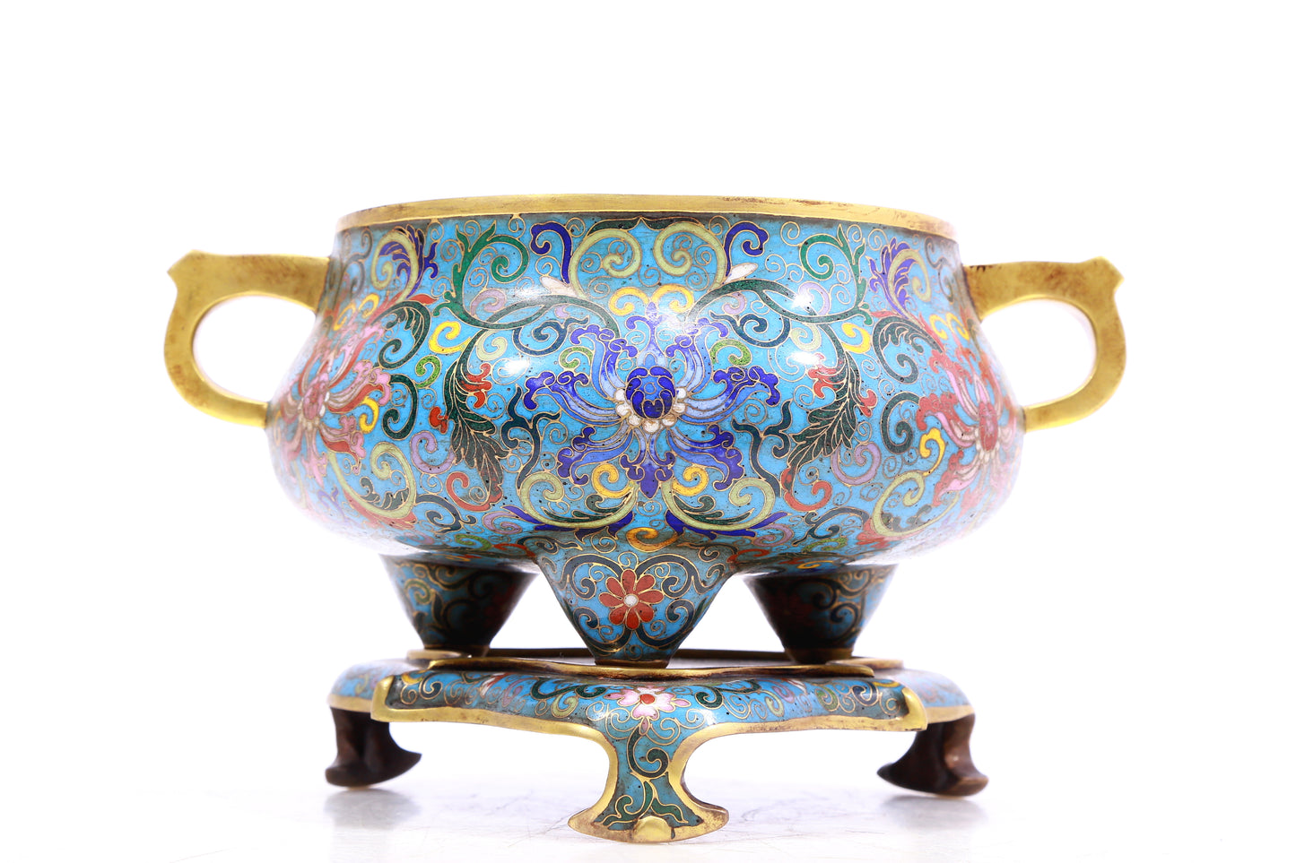 A Superb Cloisonne 'Scrolling Lotus' Tripod Censer