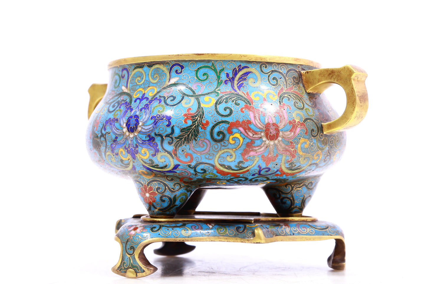 A Superb Cloisonne 'Scrolling Lotus' Tripod Censer