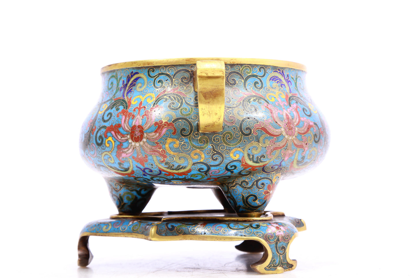 A Superb Cloisonne 'Scrolling Lotus' Tripod Censer