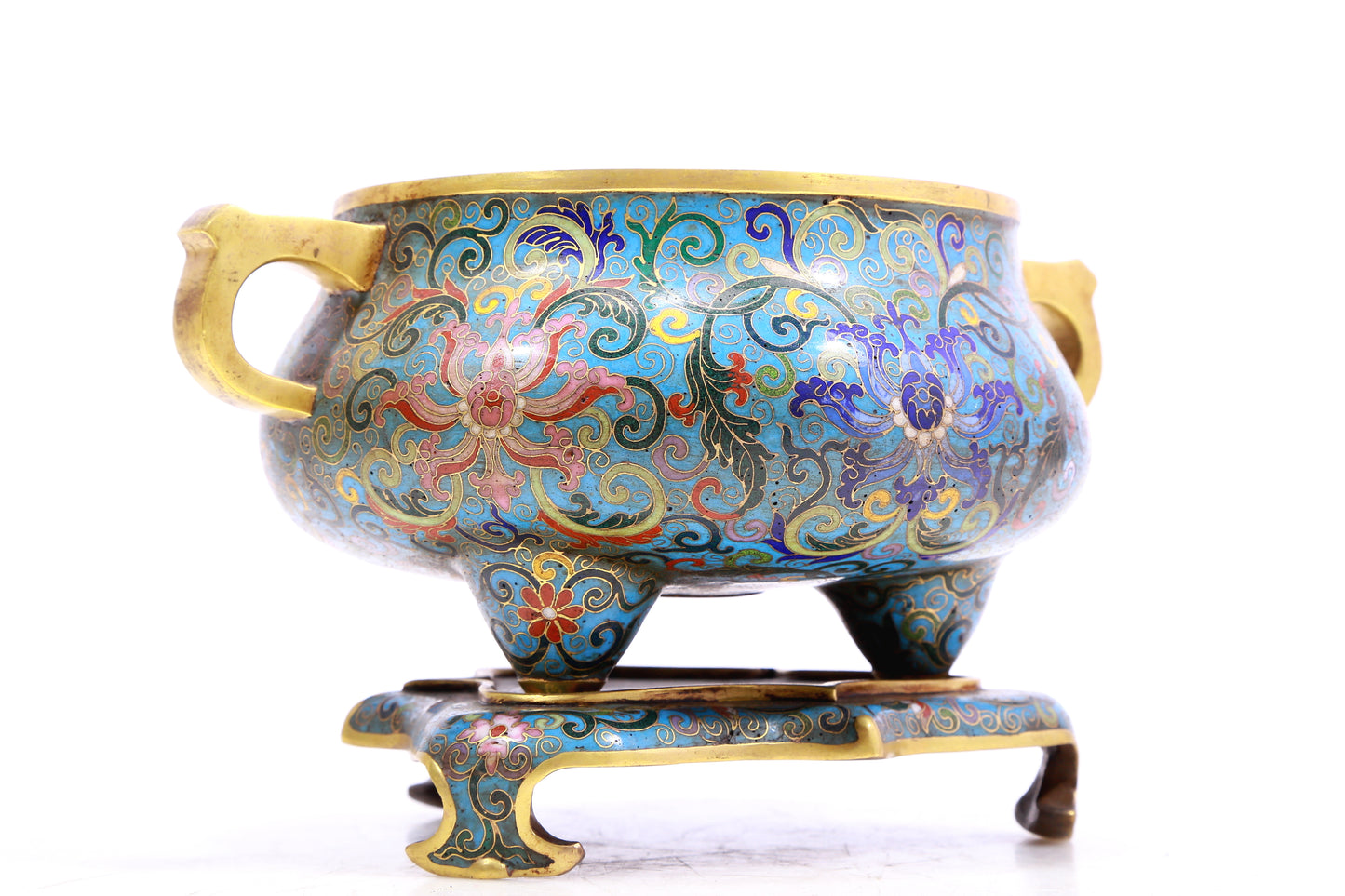 A Superb Cloisonne 'Scrolling Lotus' Tripod Censer