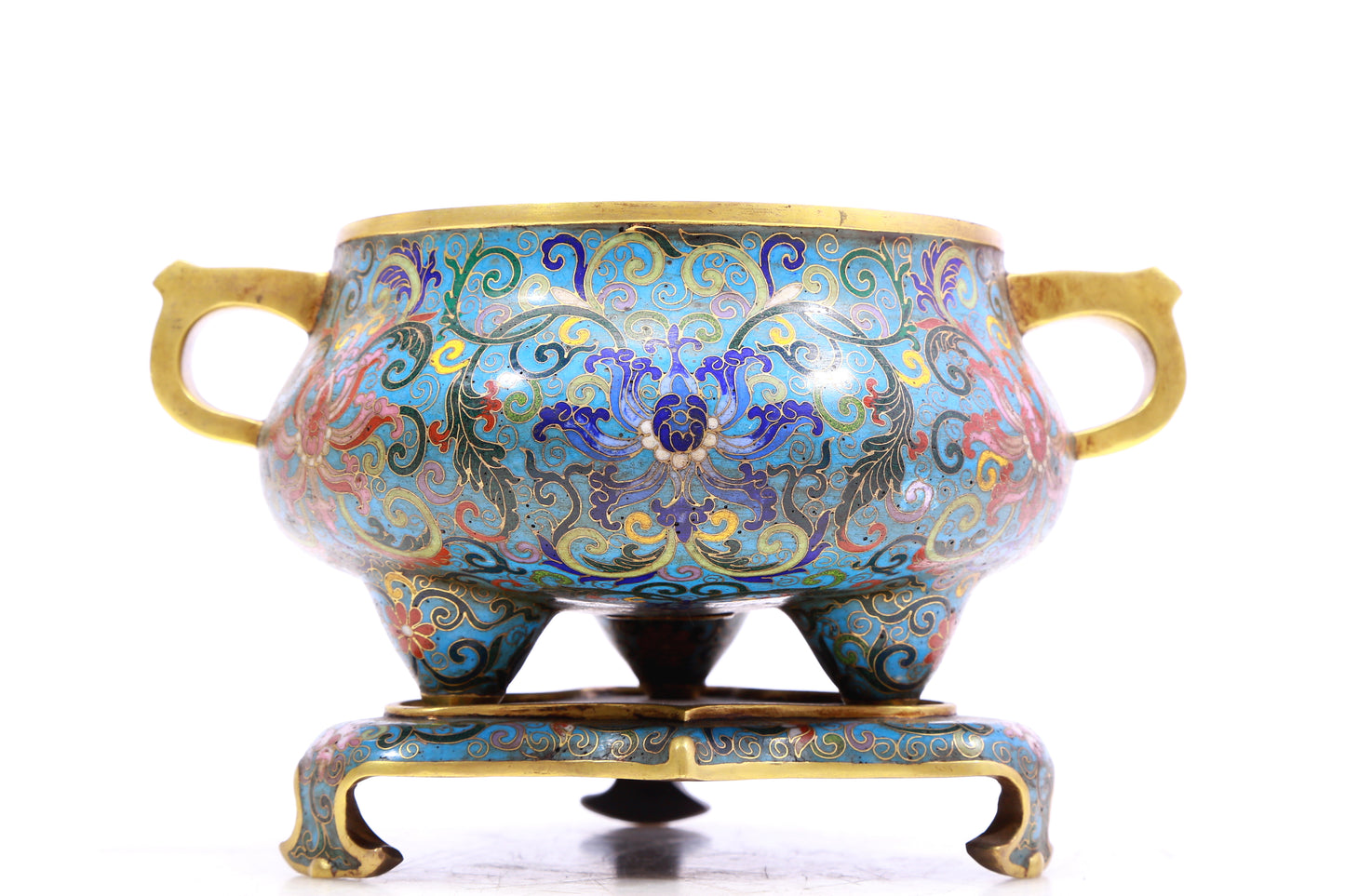 A Superb Cloisonne 'Scrolling Lotus' Tripod Censer