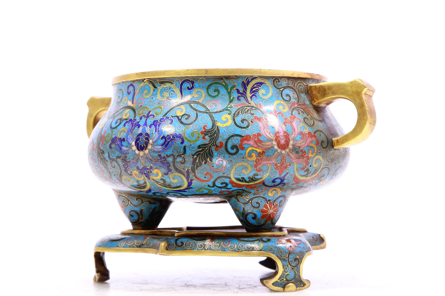 A Superb Cloisonne 'Scrolling Lotus' Tripod Censer