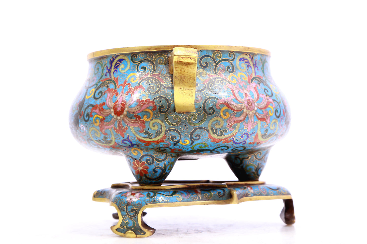 A Superb Cloisonne 'Scrolling Lotus' Tripod Censer