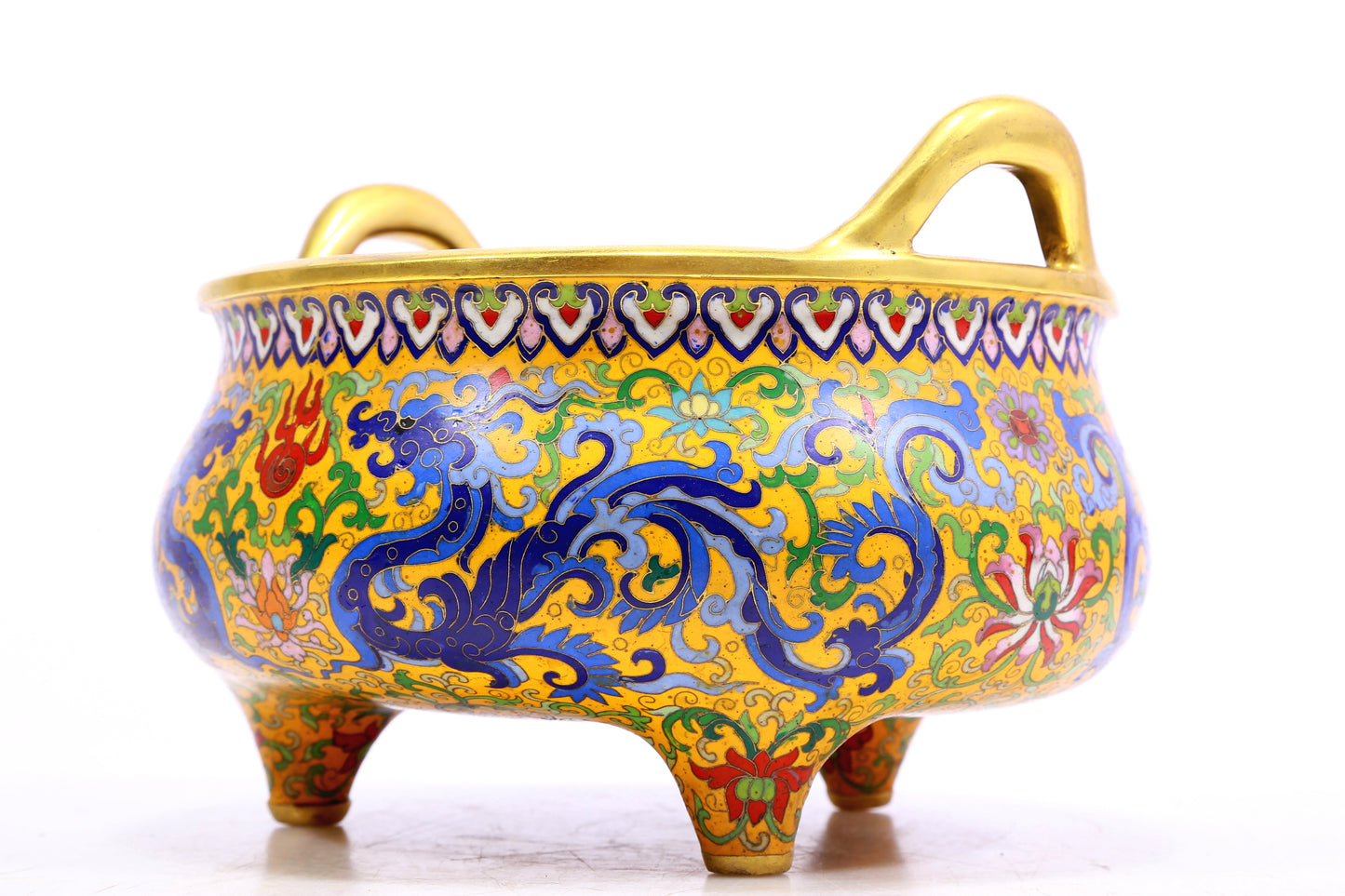 A Gorgeous Cloisonne 'Scrolling Lotus& Dragon' Tripod Censer