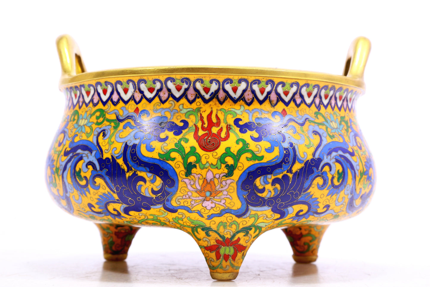 A Gorgeous Cloisonne 'Scrolling Lotus& Dragon' Tripod Censer