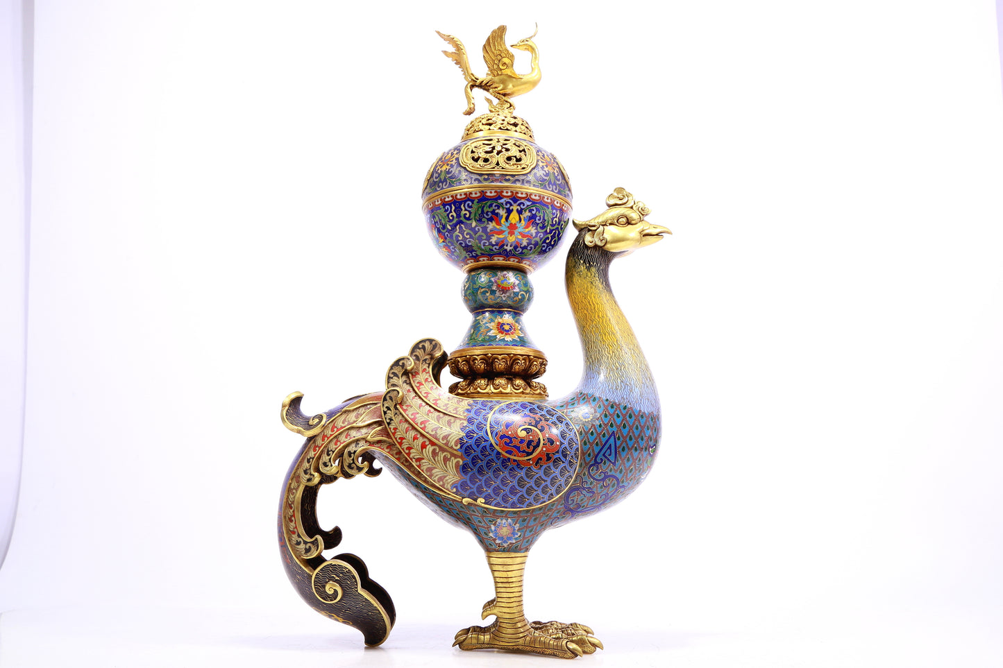 A cloisonné phoenix censer with twining lotus pattern