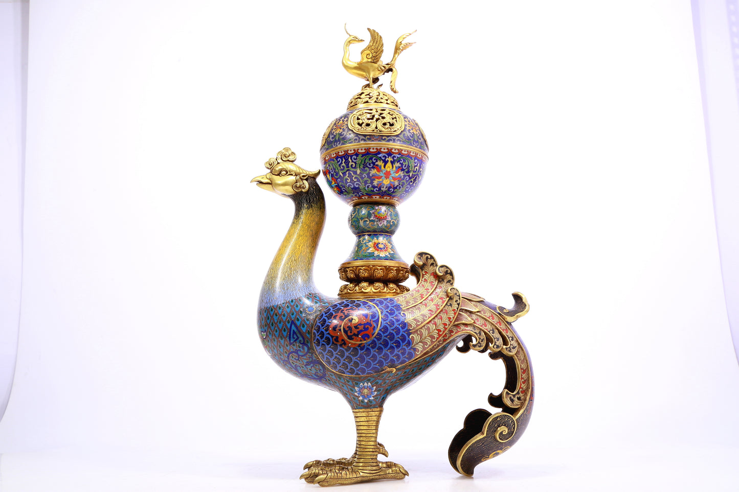 A cloisonné phoenix censer with twining lotus pattern