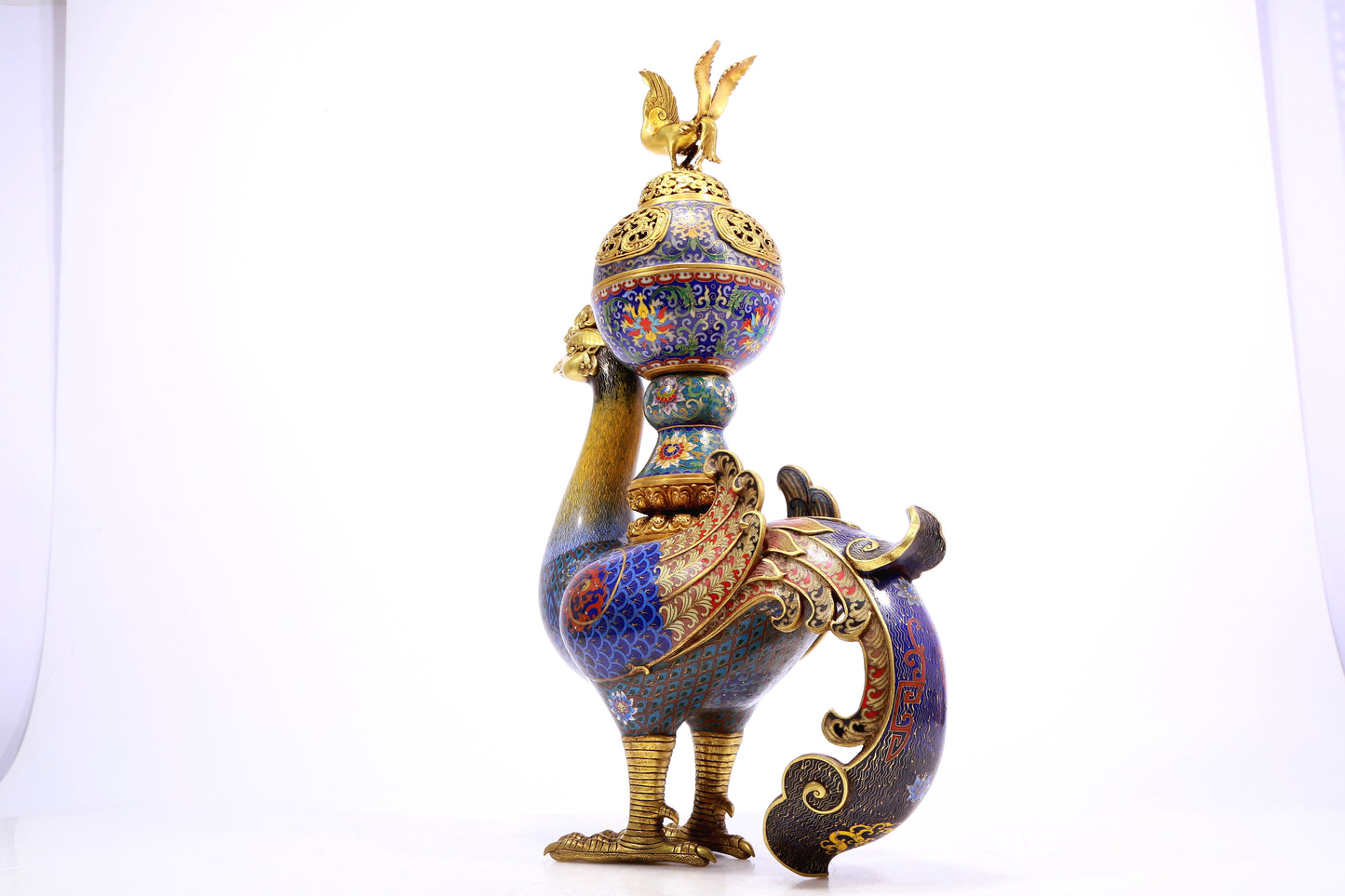 A cloisonné phoenix censer with twining lotus pattern