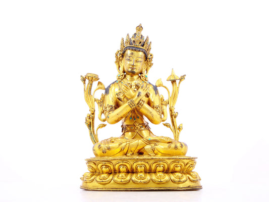 A solemn gilt bronze inlaid turquoise Vajrasattva statue