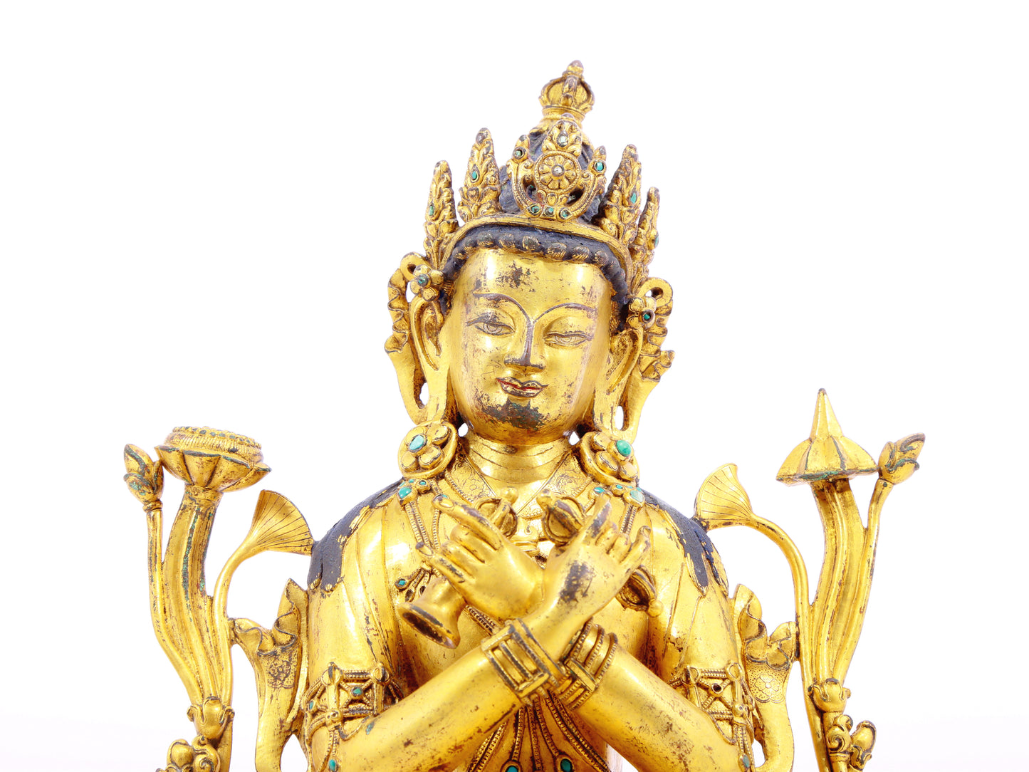 A solemn gilt bronze inlaid turquoise Vajrasattva statue