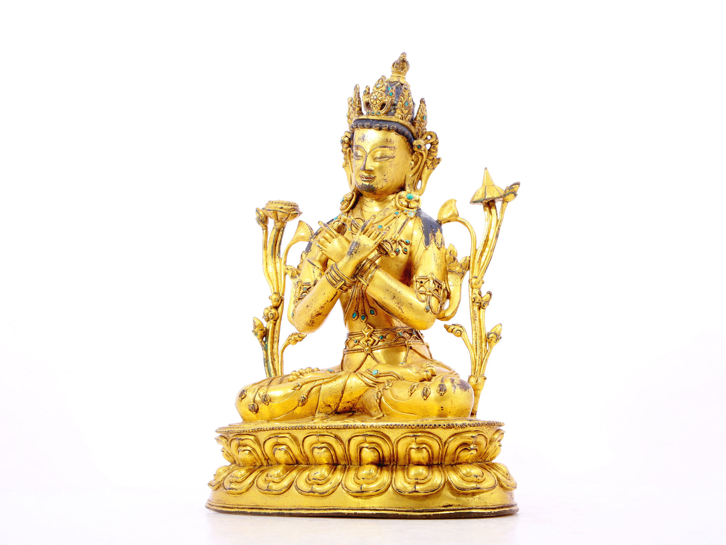 A solemn gilt bronze inlaid turquoise Vajrasattva statue