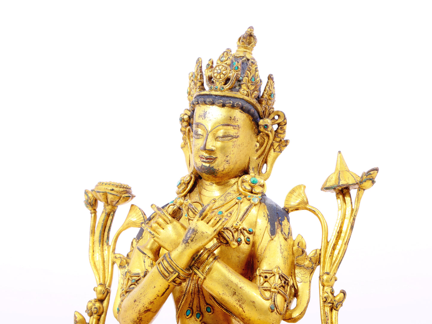 A solemn gilt bronze inlaid turquoise Vajrasattva statue