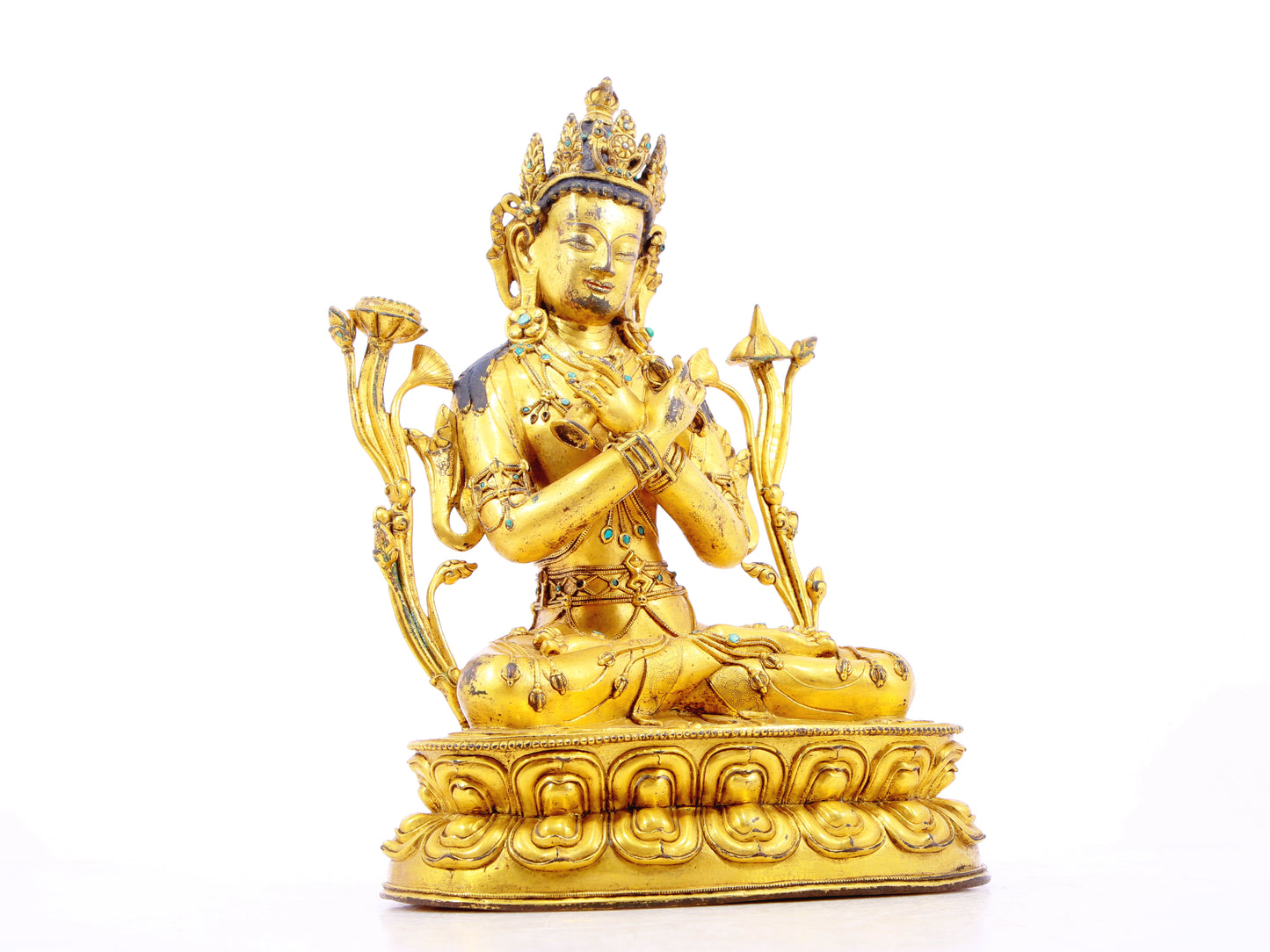 A solemn gilt bronze inlaid turquoise Vajrasattva statue