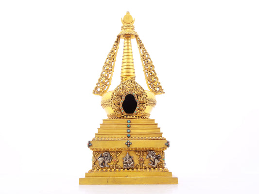 An exquisite gilt bronze and silver Buddhist altar with inlaid gems