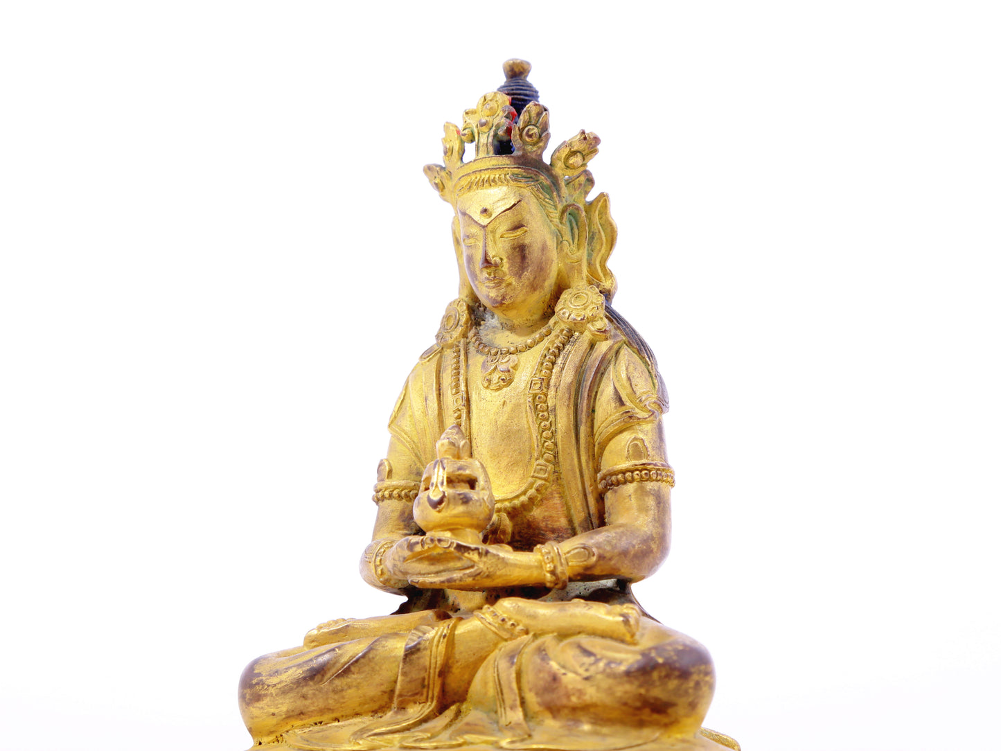 A serene gilt bronze statue of Amitayus Buddha