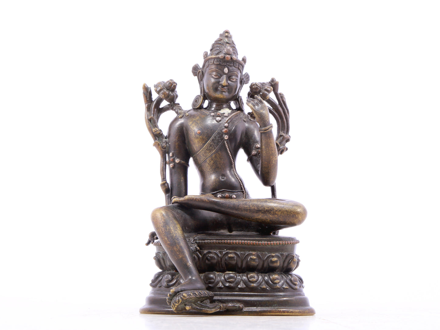 A serene alloy bronze inlaid silver-green Tara statue