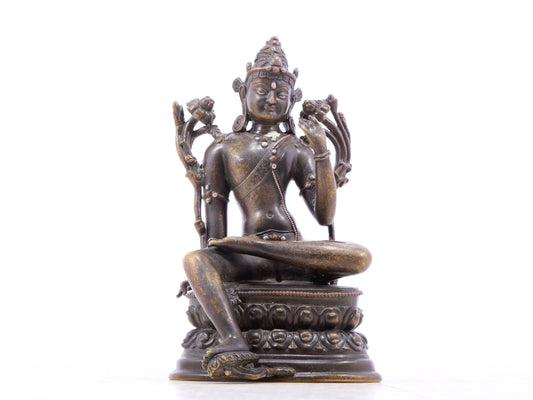 A serene alloy bronze inlaid silver-green Tara statue