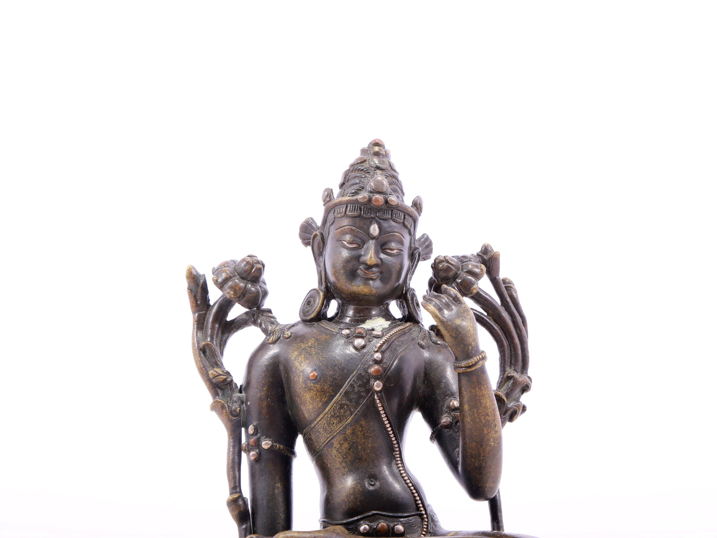 A serene alloy bronze inlaid silver-green Tara statue