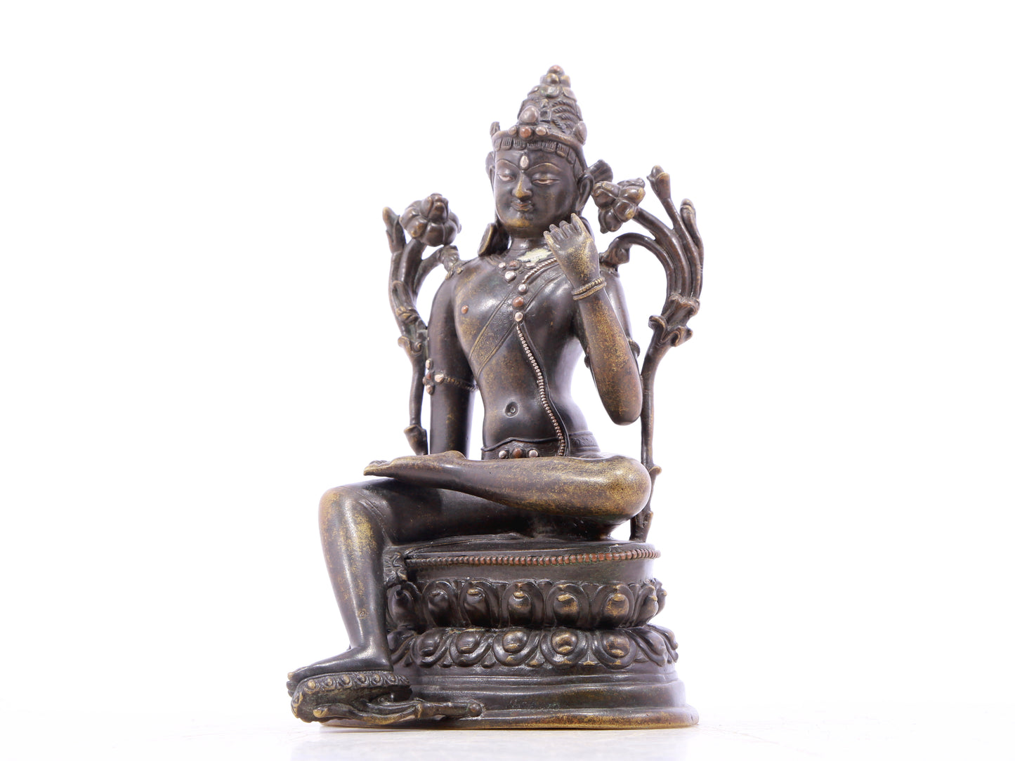 A serene alloy bronze inlaid silver-green Tara statue