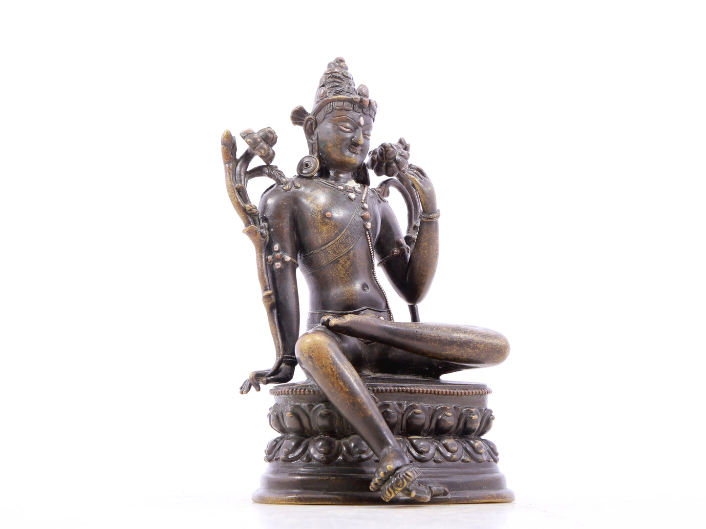 A serene alloy bronze inlaid silver-green Tara statue