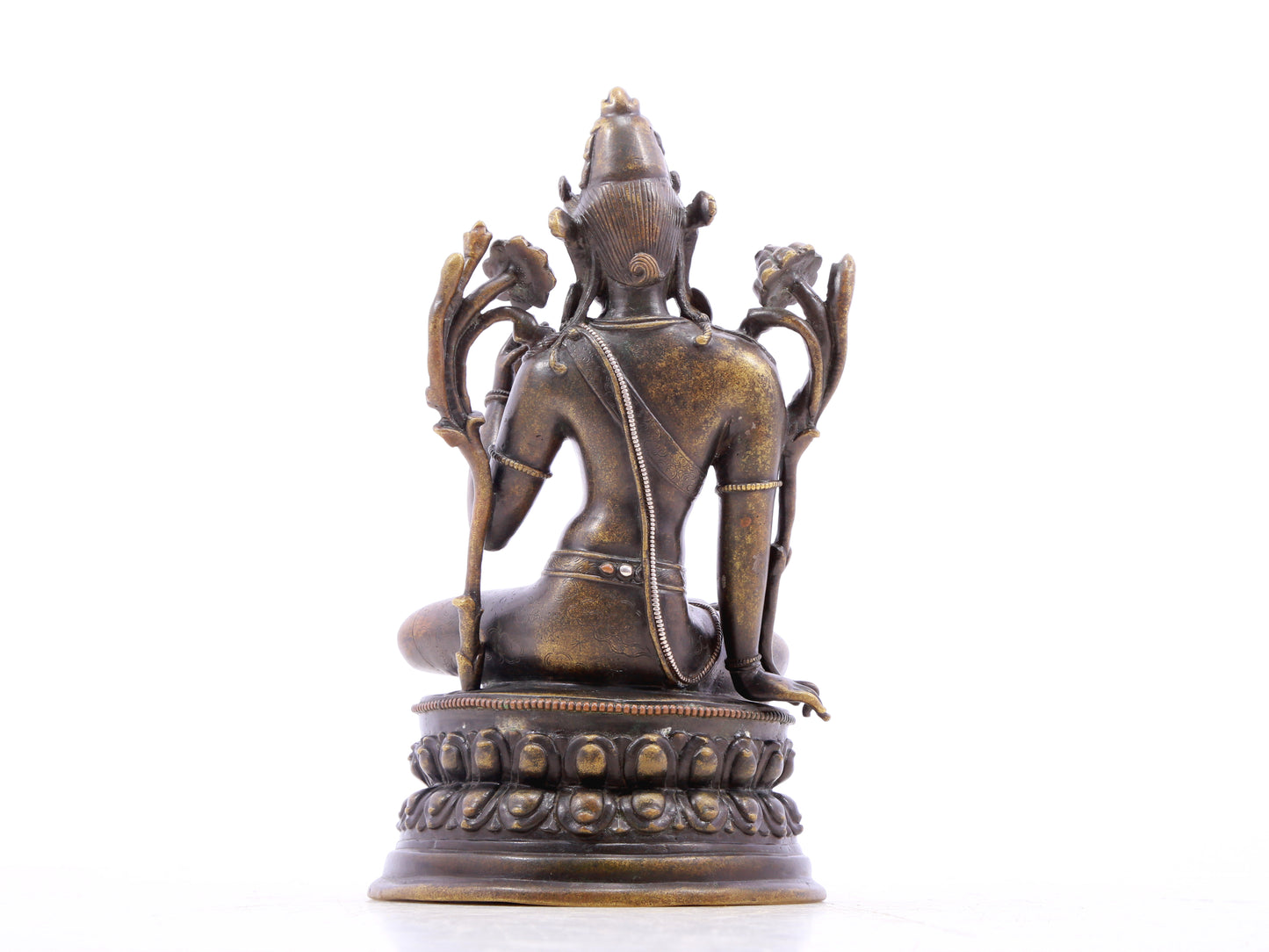 A serene alloy bronze inlaid silver-green Tara statue