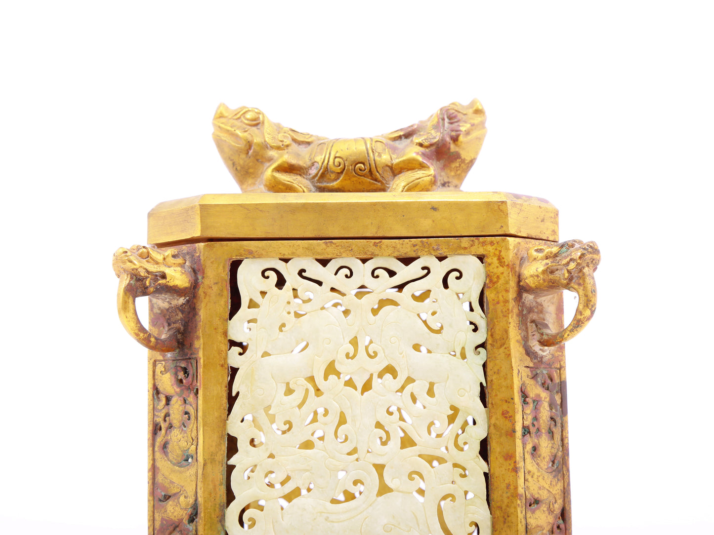 An exquisite bronze jar inlaid with white jade with auspicious animal patterns