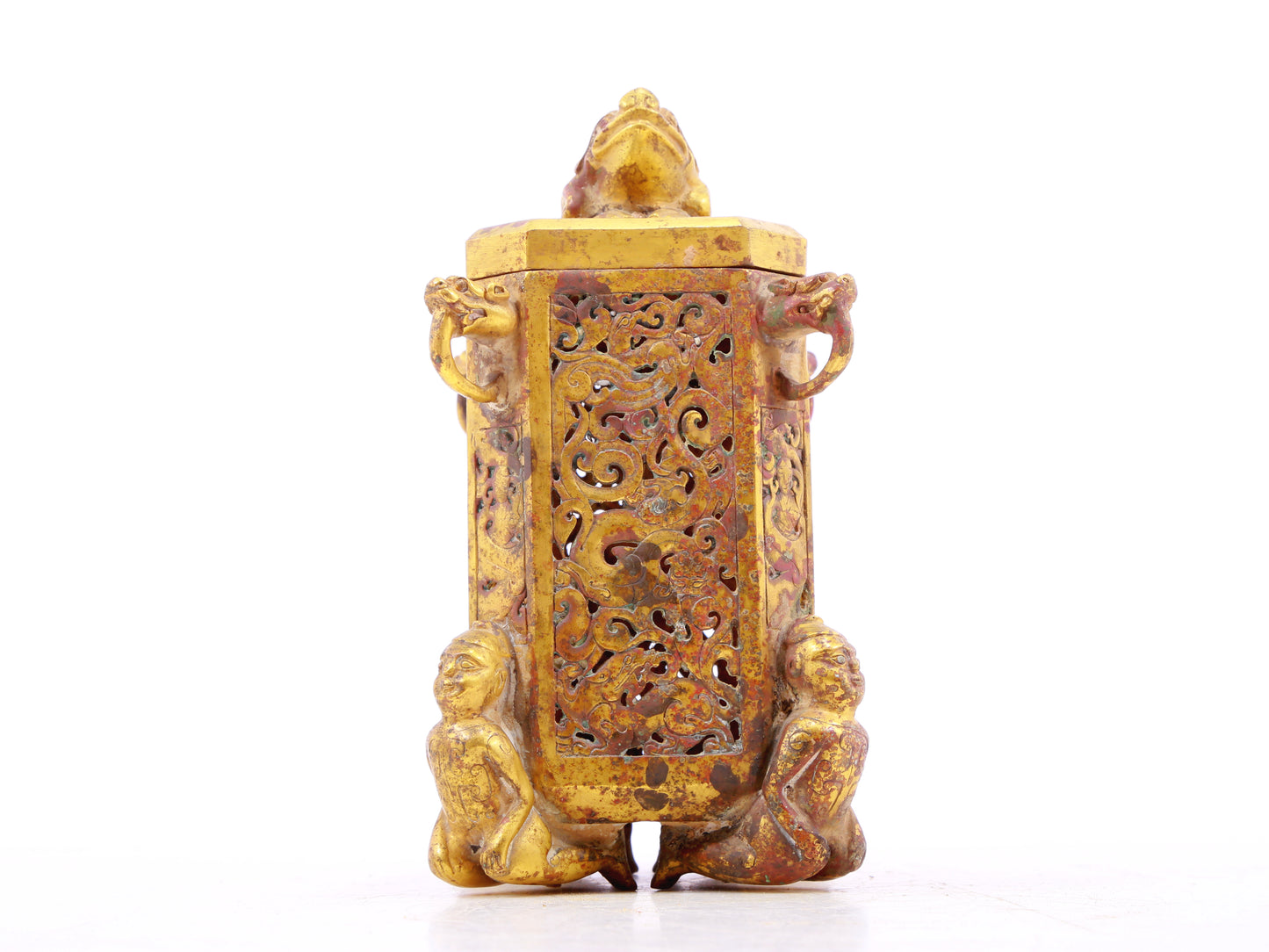 An exquisite bronze jar inlaid with white jade with auspicious animal patterns