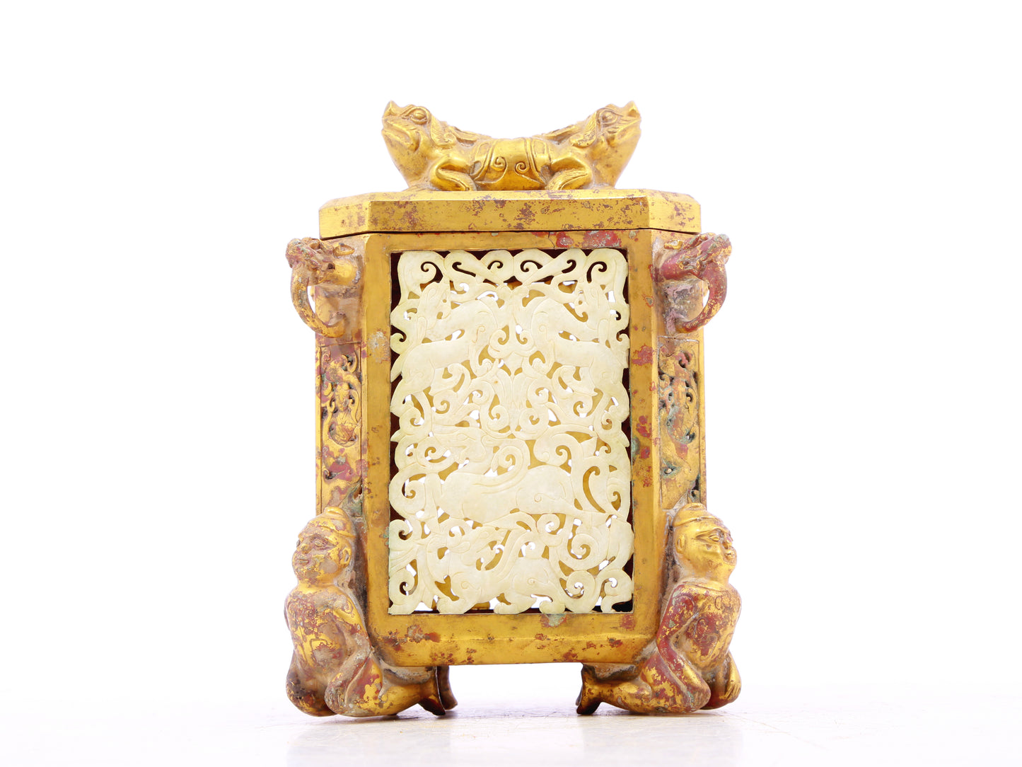 An exquisite bronze jar inlaid with white jade with auspicious animal patterns