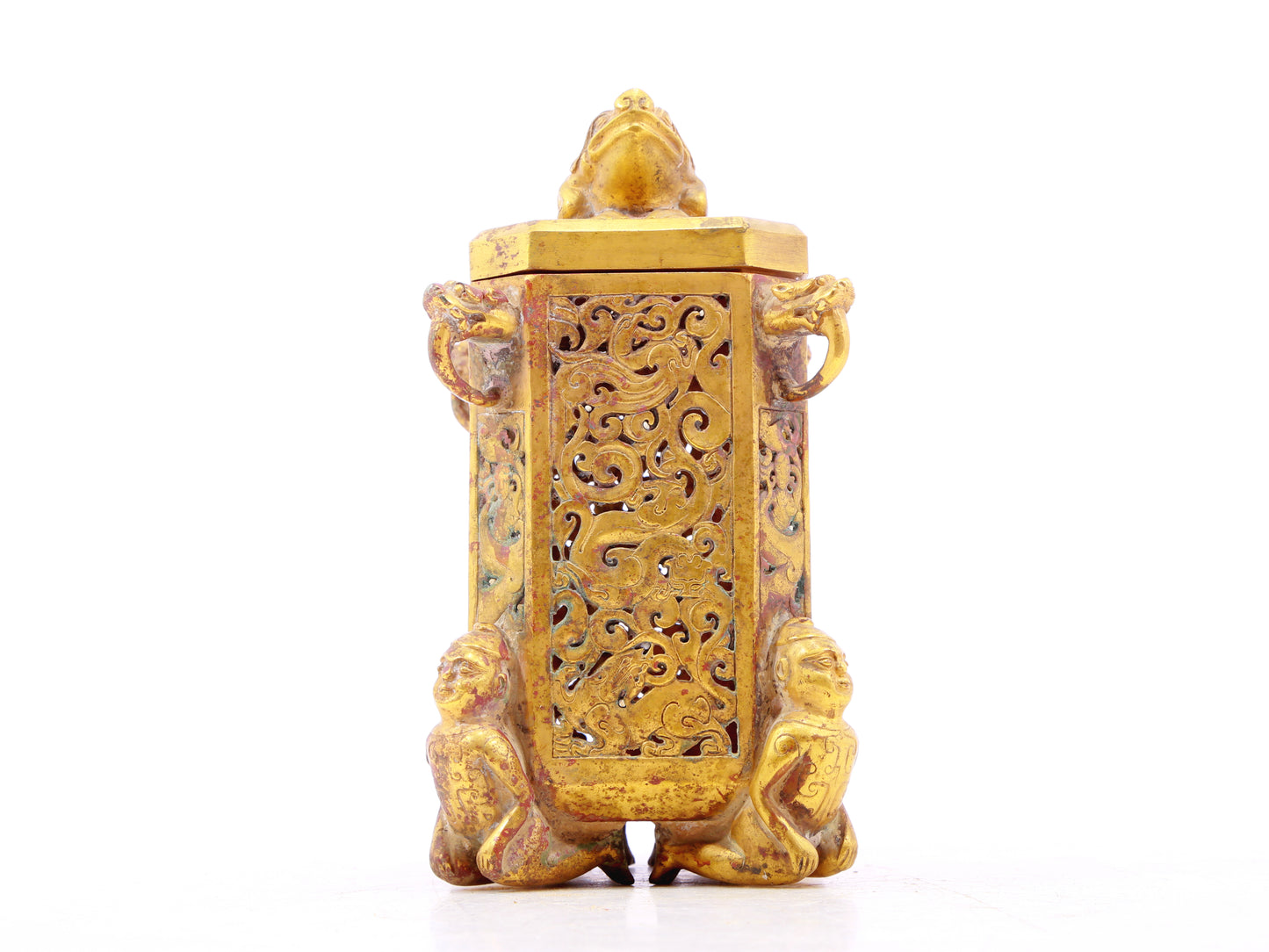 An exquisite bronze jar inlaid with white jade with auspicious animal patterns