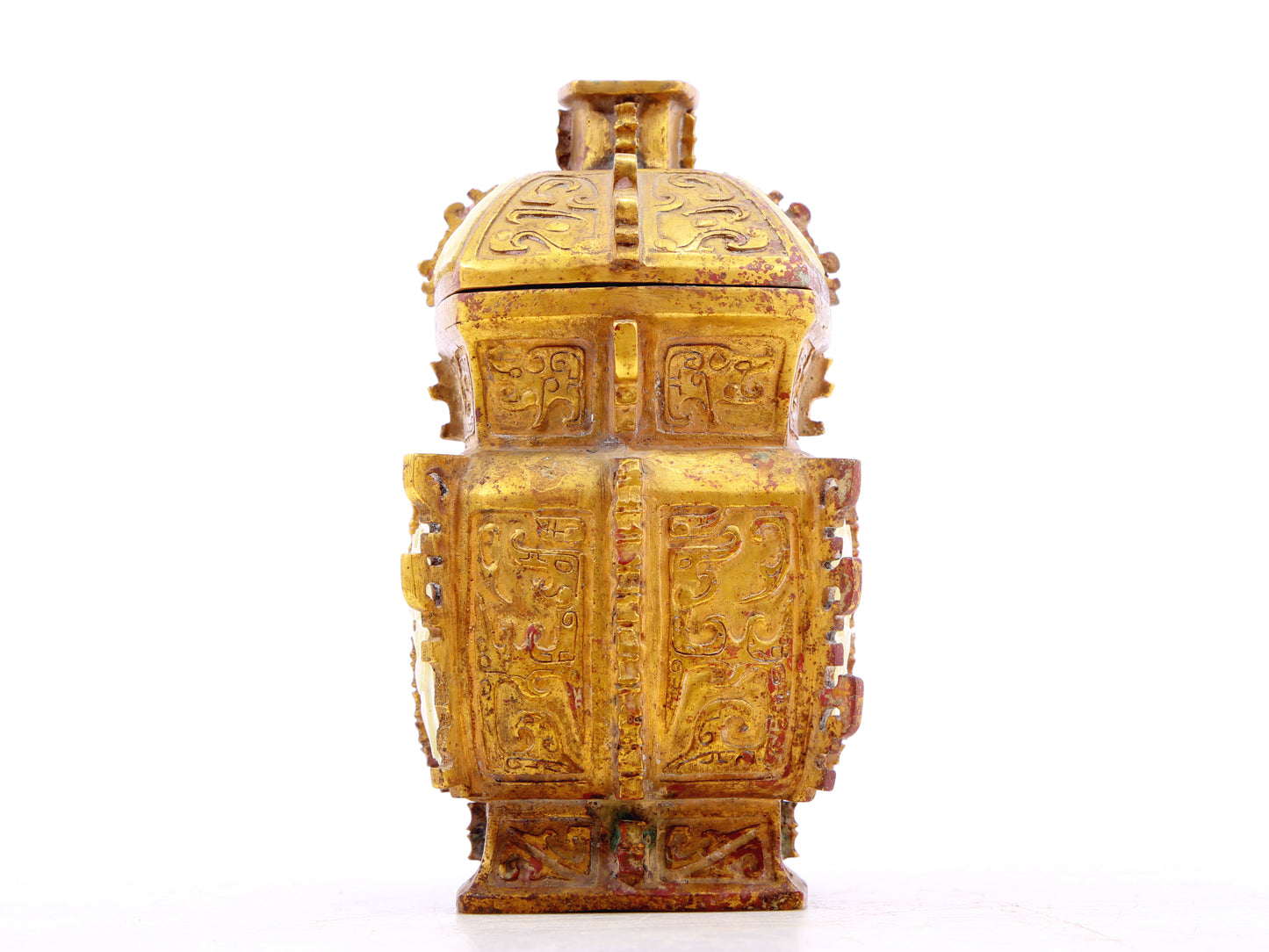 An exquisite bronze jar inlaid with white jade with animal mask patterns