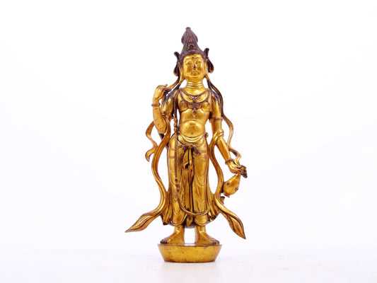 A serene gilt bronze statue of Bodhisattva