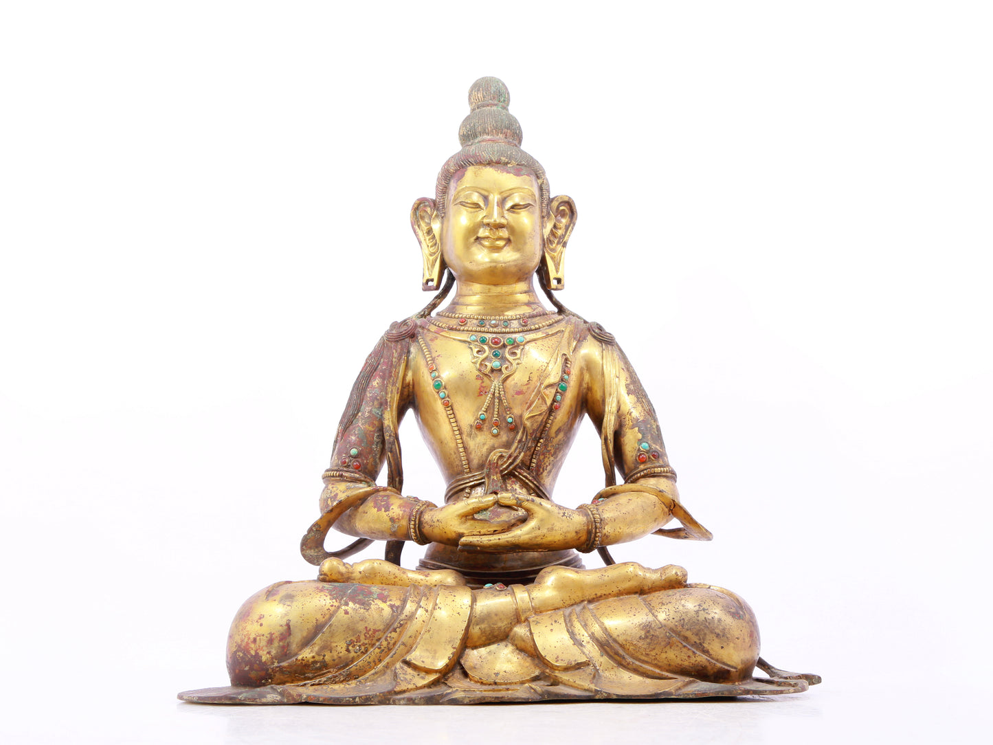 A solemn gilt bronze statue of Bodhisattva inlaid with precious stones