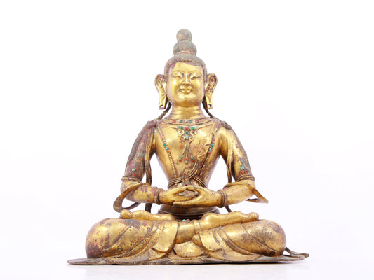 A solemn gilt bronze statue of Bodhisattva inlaid with precious stones