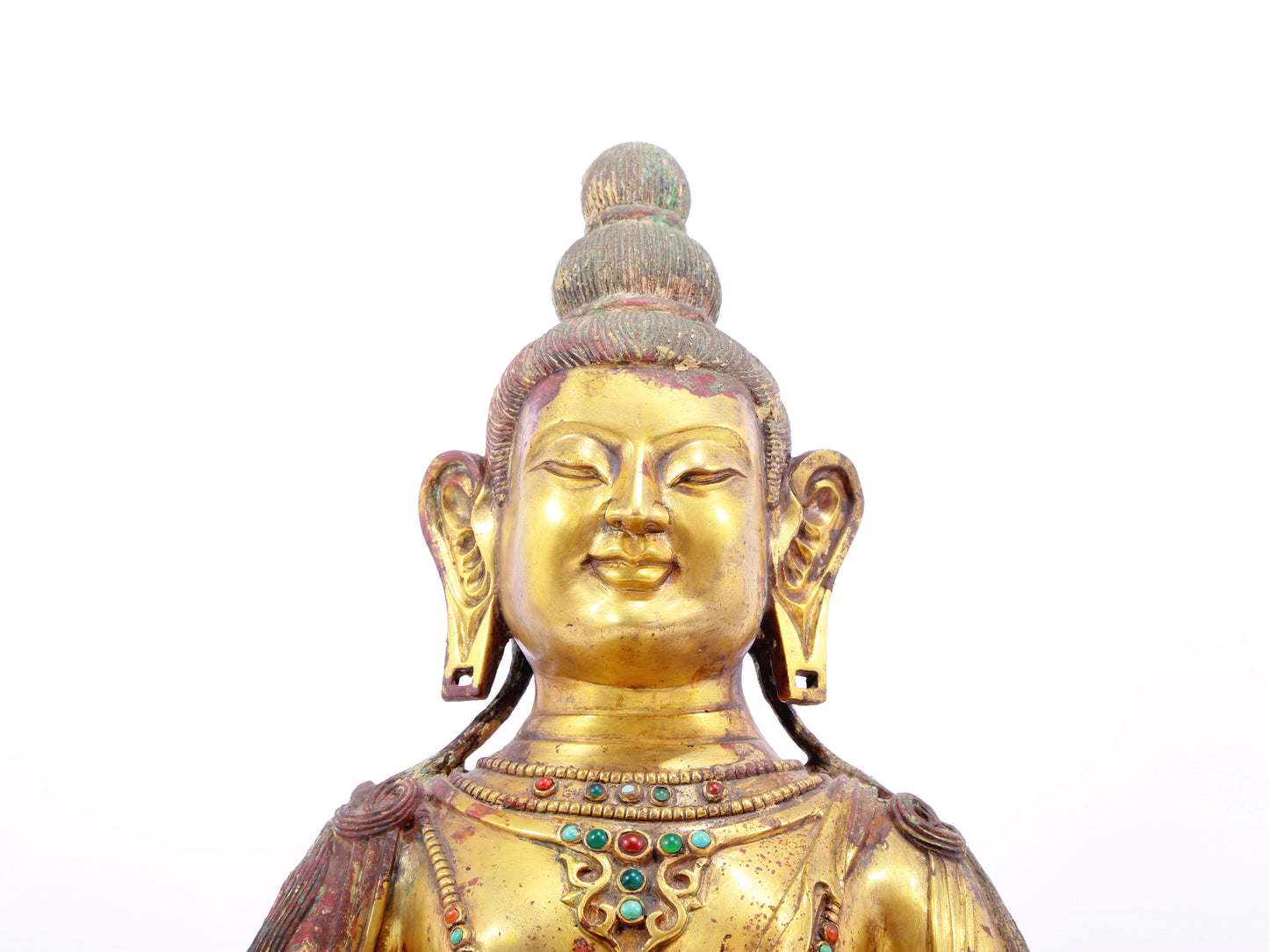 A solemn gilt bronze statue of Bodhisattva inlaid with precious stones