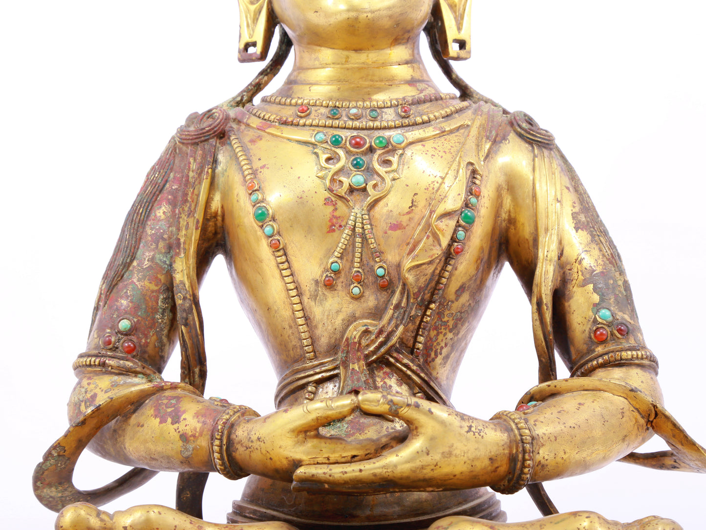 A solemn gilt bronze statue of Bodhisattva inlaid with precious stones