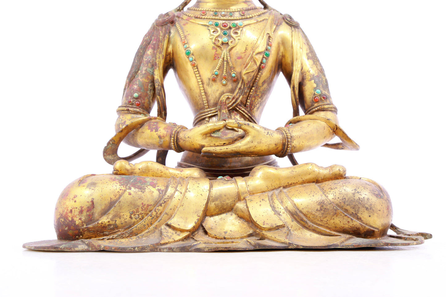 A solemn gilt bronze statue of Bodhisattva inlaid with precious stones