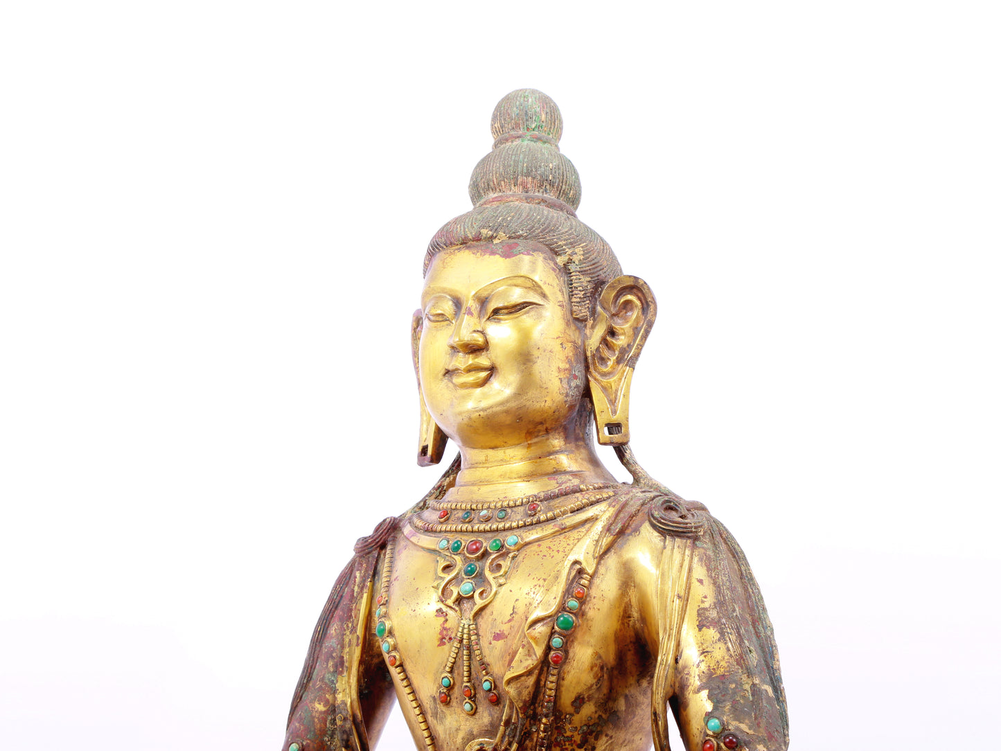 A solemn gilt bronze statue of Bodhisattva inlaid with precious stones