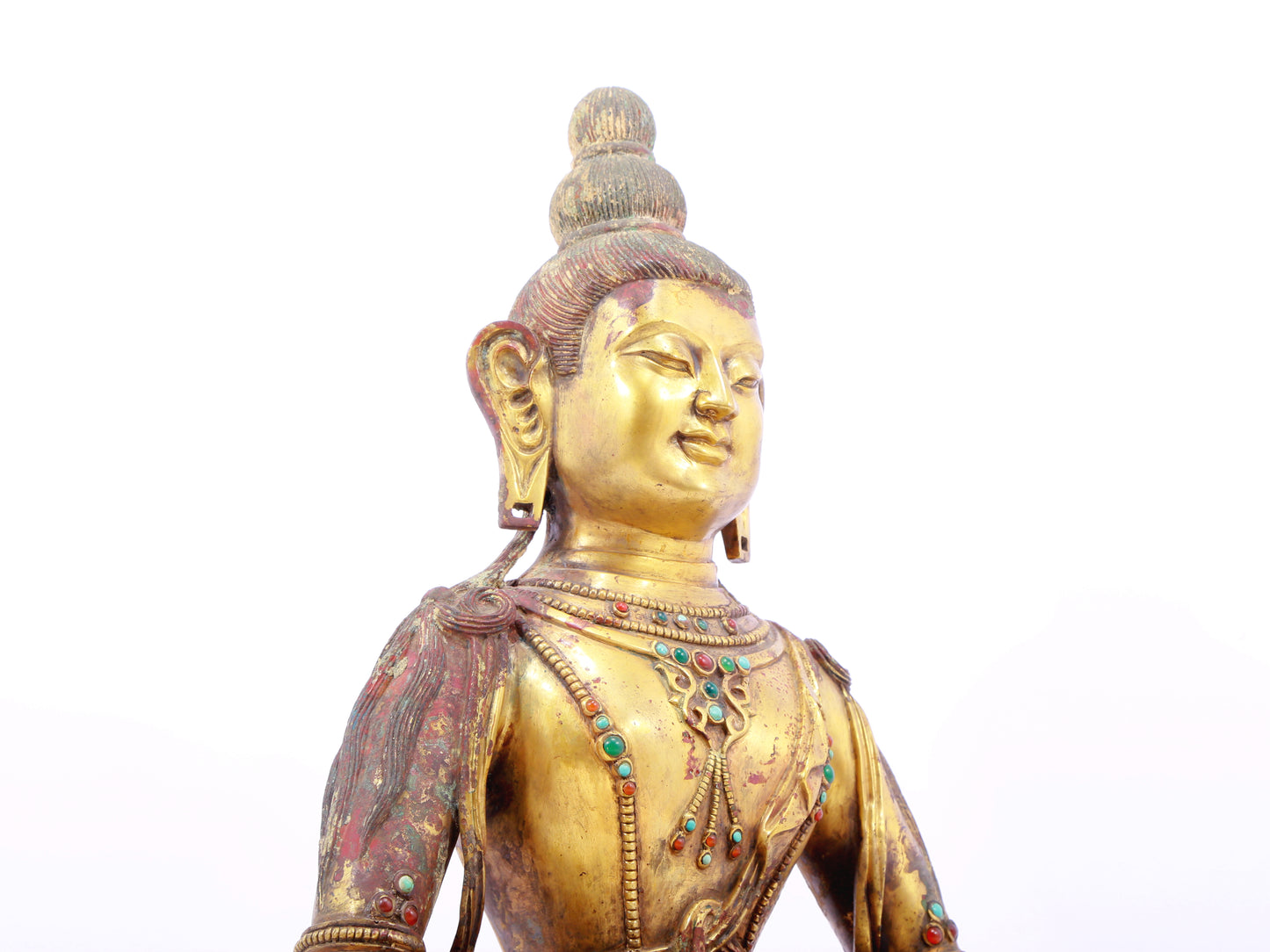 A solemn gilt bronze statue of Bodhisattva inlaid with precious stones