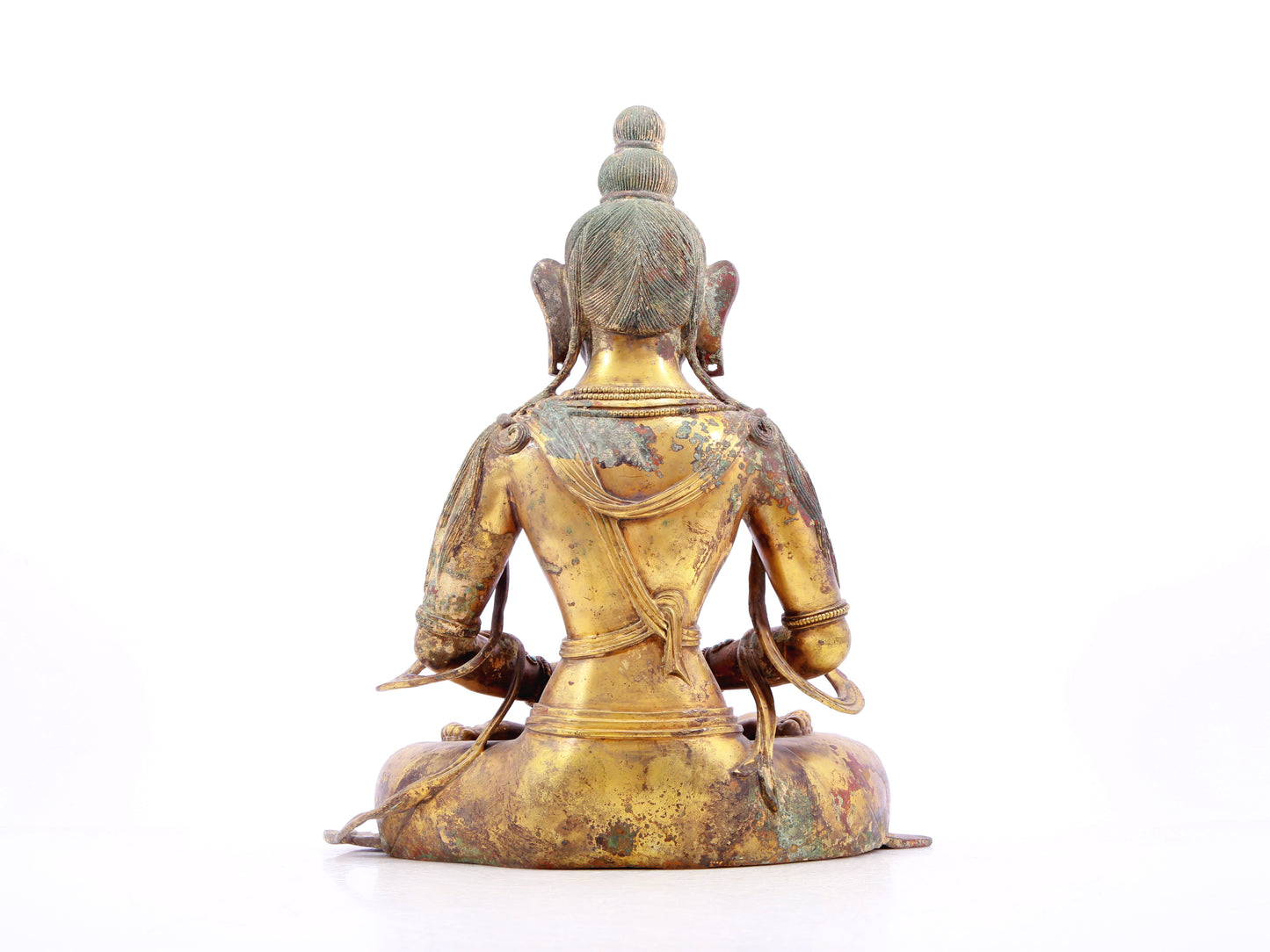 A solemn gilt bronze statue of Bodhisattva inlaid with precious stones