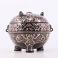 An exquisite bronze-inlaid silver animal-eared tripod jar with lid