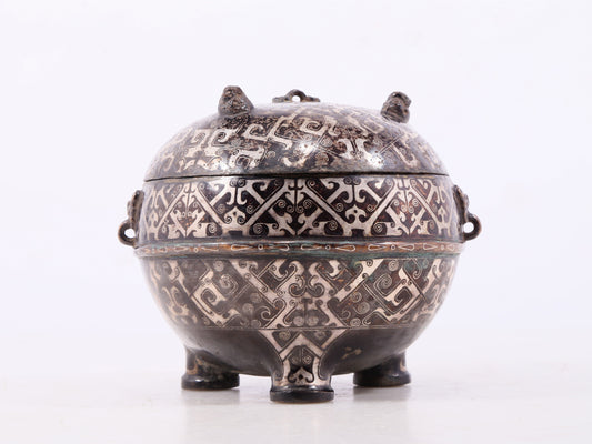 An exquisite bronze-inlaid silver animal-eared tripod jar with lid